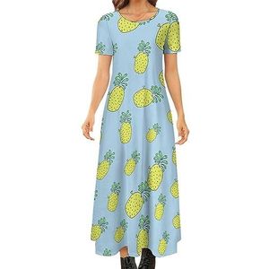 Leuke ananas dames zomer casual korte mouw maxi-jurk ronde hals bedrukte lange jurken XS