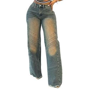 OHERUWKLS Dames Vintage Distressed Jeans Straight Splicing Losse Wijde Pijpen Y2K Denim Broek,Blauw,L