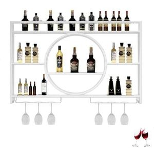 JLVAWIN Opbergrek wandmontage wijnrek, hangende metalen ronde wijnrekkast, multifunctioneel opbergrek, vintage stijl wijnfles plank met wijnglashouder (kleur: wit) planken
