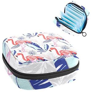 Roze Flamingo Tropische Print Periode Tas voor Tiener Meisjes Vrouwen Dame, Maandverband Opbergtas met Rits Nylon Draagbare Opslag Menstruatie Pad Tas