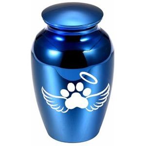 Crematie huisdier as houder aandenken engel vleugels hond poot print herdenkingsmunt urn aangepaste naam datum aluminiumlegering as pot (kleur: blauw, maat: geen behoefte om aan te passen)