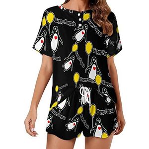 Happy Penguin zachte damespyjama met korte mouwen, loungewear met zakken, cadeau voor thuis, strand, S