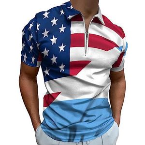 Golvende vlag van Argentinië en de VS poloshirt voor heren, casual T-shirts met ritssluiting en kraag, golftops, slim fit
