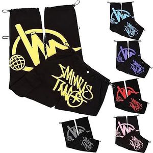 sPeesy Minus Two Y2K-cargobroek voor heren, broek met print, hiphopstijl jeans, Minus Two jeans met rechte pijpen, zakken, hoge taille, bedrukt, casual baggy broeken, Geel, L