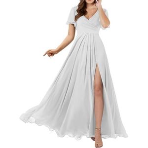 Dames chiffon bruidsmeisjes jurken met split lange galajurken ruches cocktailjurk plus size, Wit, 32