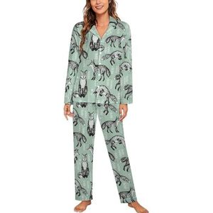 Fox Oefening Damespyjama, tweedelige pyjamasets met knopen, nachtkleding met lange mouwen, top en broek, loungewear