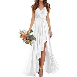 SAMHO Ruches V-hals bruidsmeisjes jurken met split chiffon lang korset A-lijn ruches bruiloft formele feestjurk, Wit, 38