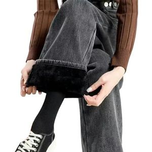 Fleece denim wide leg pants Baggy High Waist Women Ankle-Length Winter Thicken Plush Velvet Lined Wide Leg Jeans-Black-Xl 55-60Kg
