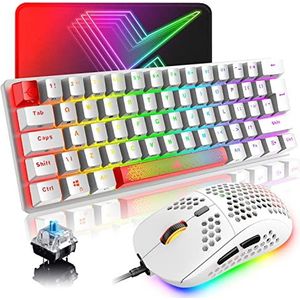 UK Layout Mechanisch Gaming Toetsenbord RGB 14 Achtergrondverlichting Effecten Mini 62 Toetsen Bedraad Type C + Lichtgewicht RGB 6400 DPI Honingraat Muis + Muismat Compatibel met PS4, Xbox, PC, Laptop