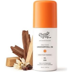 Chemist at Play UnderArm Roll-On with 5% AHA, Lactic Acid & 1% Mandelic Acid | Prevents Body Odour, Brightens Skin & Exfoliates Underarm | For Sensitive Skin | Woody Musk Fragrance | Alcohol Free-40ml