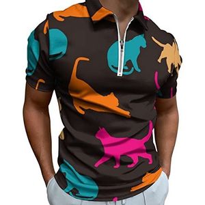 Kleurrijke katten silhouet heren poloshirt met rits T-shirts casual korte mouw golf top klassieke pasvorm tennis tee