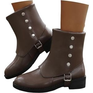 Western Cowboylaarzen For Dames Met Klinknagels 2025 Nieuwe Retro Enkellaarsjes Met Blokhak Herfst Winter Ankle Boots PU Leren Bikerlaarsjes Dames Casual Brede Buis Instapschoenen(Brown,43 EU)