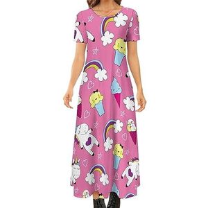 Eenhoorn Ice Cream Rainbow vrouwen zomer casual korte mouw maxi-jurk ronde hals bedrukte lange jurken 2XL