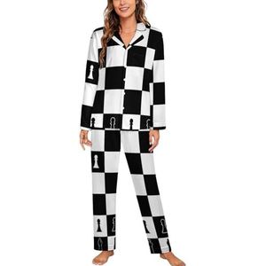 Zwart-wit lay-out van een schaakbord lange mouwen pyjama sets voor vrouwen klassieke nachtkleding nachtkleding zachte pyjama sets lounge sets