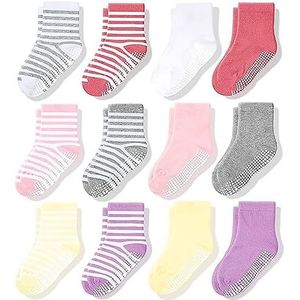 CozyWay 12 paar gestreepte antislip katoenen sokken met handgrepen, voor kinderen, peuters, jongens en meisjes, 3-5 jaar