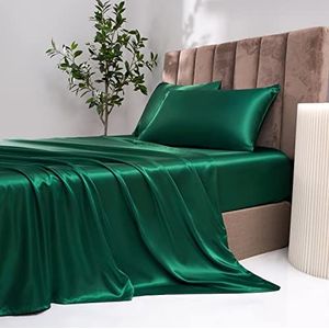 Damier Satijnen hoeslaken, 180 x 200 cm, donkergroen, zijdeglans, hoogwaardig satijn, geschikt voor matrassen tot 30 cm dik