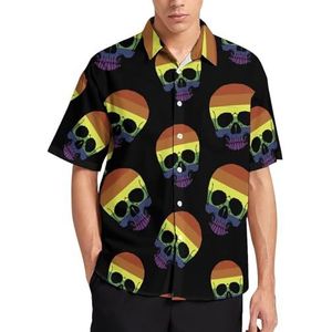 Gay Pride Skull Regenboog Vlag Zomer Heren Shirts Casual Korte Mouw Button Down Blouse Strand Top met Zak XS