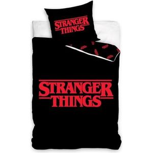 Stranger Things Logo Eenpersoons Dekbedovertrek Set met Europese Size Kussensloop - 100% Katoen Beddengoed Omkeerbaar Beddengoed voor Kinderen Tieners Zwart