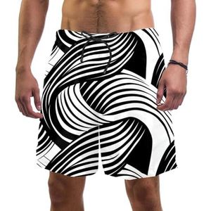 PAFEFO Zwart en wit geometrische golf boardshorts voor heren, sneldrogend, strand, zwemmen, sportpakken met zakken, Zwart-witte geometrische golf, XL