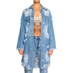 Oversized Lange Spijkerjas Voor Dames,Blauw Ripped Frayed Lange Spijkerjasjes Vintage Trenchcoat Met Lange Mouwen En Knoopsluiting Herfst Winter Baggy Transition Outwear,Xxl