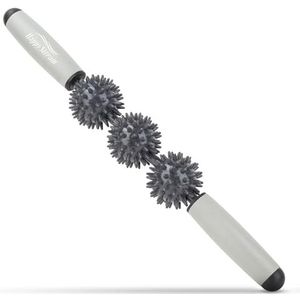Igelbal massageroller met handvat, 40 cm fasciastaaf met 3 ballen, kleine massagerol, staaf, egelbalrollen met handgrepen, voor benen, nek, rug, schouders (grijs)