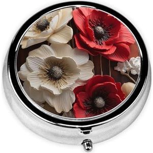 Pillendoos 3 compartimenten ronde pillenorganisator rode en witte bloemen pillendoosje voor portemonnee draagbare reizen pillendoos metalen kleine pillencontainer voor dagelijkse geneeskunde