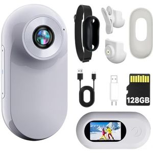 Mini-lichaamscamera 1080P, kleine draagbare duimactiecamera, helmcamera met audio- en video-opname, draagbare handsfree POV-videocamera,Wit,128GB