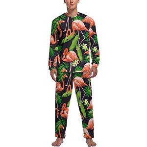 Flamingo vogel tropische zachte heren pyjama set comfortabele lange mouwen loungewear top en broek geschenken XL