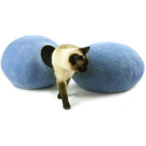 kivikis Cat Bed, Cat House, Cat Cave. Maat L. Natural Felted Sheep Wool. Made by (Sky Blue)
