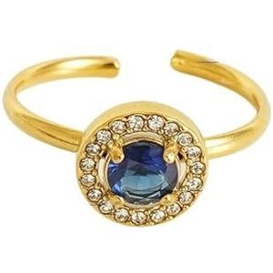 Damesbloemring roestvrij staal liefde vierkant dubbellaags diamant 18K ring live mond verstelbare zirkoonring (Color : Circular [Blue]_Adjustable)