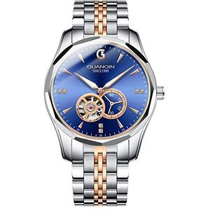 GUANQIN Mannen Skelet Japan Automatische Zelf Opwindende Polshorloge met Rhinestone Dial Tungsten Steel Band Lichtgevende, Rose Goud Blauw, armband