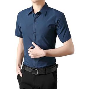 Heren Zomer Zakelijk Dunne Korte Mouwen Shirt Mannen Eenvoudige Mode All-Match Revers Knop Solid Slim Shirt, Donkerblauw, M