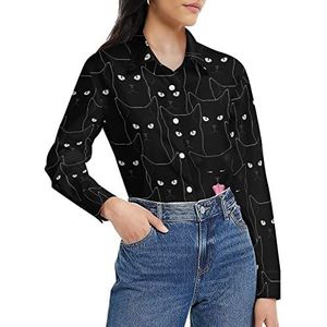 Zwarte kat damesshirt lange mouwen button down blouse casual werk shirts tops 3XL