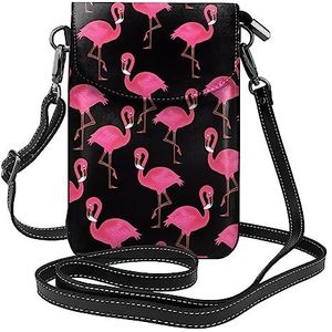 Mooie Roze Flamingo's Lederen Cross Body Flip Telefoon Tas Met Afneembare Schouderbanden, Gebruikt Voor Reizen, Dating, Vakantie Geschenken, Zwart, Eén maat