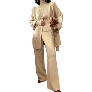 MLSHWUG Dames Dikke Warme Afslankende Basislaag Trui Vest Wijde Broek Gebreide 3-Delige Set,Apricot,One Size