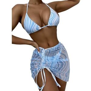 Bikini Wave Print Bikini Sets Geplooide Vrouwen Dames Badpakken Badmode 3-delig Badpak Lace Up Mini Rokken, Hemelsblauw, M