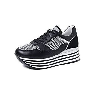 QUEEN HELENA Sneakers Platform hoge gymschoenen met sleehak lichte plateau dames X28-58, X28 58 Zwart, 38 EU
