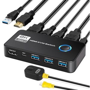TCNEWCL 8K @60Hz HDMI USB 3.0 KVM Switch 2 PC 1 Monitor 4K @120Hz, 2-poorts KVM-switches HDMI USB-schakelaar, ondersteunt HDR, Dolby Audio, 3D, HDCP2.3, met HDMI 2.1 & USB 3.0 kabel
