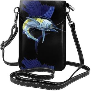 Blauwe vis lederen cross body flip telefoontas met afneembare schouderbanden, gebruikt voor reizen, dating, vakantiegeschenken, Zwart, Eén maat