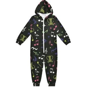 LI ZHI XIN Kinderpyjama met capuchon uit één stuk, jongens en meisjes, jumpsuits voor kinderen, onesie, slaappak, alles-in-één pyjama, winter, warme huisjumpsuit, 5-14 jaar, zwart patroon met muzikale
