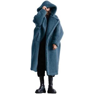 Sawmew Damesjas Van Teddyfleece Met Capuchon, Oversized Jack Met Capuchon, Lange Donzige Warme Slouchy Winterhoodie Met Zakken (Color : Blue, Size : S)