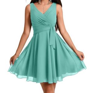 WSEYU Chiffon bruidsmeisjesjurk voor dames, met riem, galajurken, plooien, cocktailjurk, grote maten, Turkoois, 42