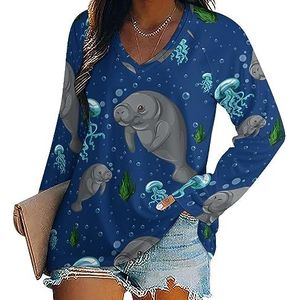 Manatee And Jellyfish Casual T-shirts met lange mouwen voor dames, V-hals, bedrukte grafische blouses Tee Tops 4XL