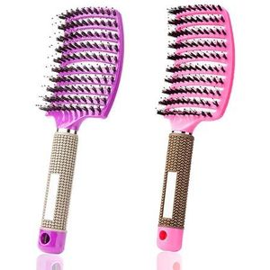 ZMD 2 stuks gebogen geventileerde ontwarrende haarborstels, varkenshaar, krullende haarborstel, ontwarrende stylingborstel, nat en droog ontwarren haarborstels, ontwarrend lang dik haar voor vrouwen