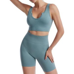 Elastische sneldrogende geribbelde crop 2-delige mode top outfit workout duurzame set ademend eenvoudige yoga shorts, M, Chinlon, Geen edelsteen