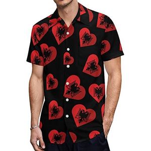 Albanië Platte Hart Vlag Heren Hawaiiaanse Shirts Korte Mouw Casual Shirt Button Down Vakantie Strand Shirts 2XL