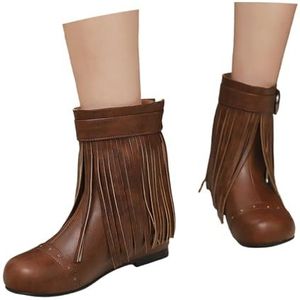 Enkellaarsjes For Dames Met Gesp Retro Middeleeuwse Laarzen Met Franjes Comfortabele Enkellaarsjes Met Sleehak PU-leren Laarzen Met Rits Casual Enkelschoenen,36-43EU(Brown,43 EU)