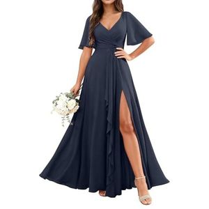 KURFACE Chiffon bruidsmeisjesjurken met mouwen split ruches lange bruidsmeisje formele avondjurk, Donkerblauw, 32