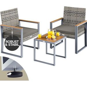 CASARIA® Tuinmeubilair Polyrattan Set Weerbestendig 2 Stoelen Tafel Kussens Belastbaar tot 160kg Verstelbaar Terras Balkon Meubilair Lounge Acacia Hout Grijs