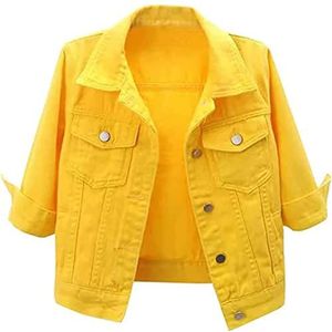 Dames Spijkerjasje, Casual Jasje Met 3/4 Mouwen Voor Dames, Retro Spijkerjasje Met Opgerolde Mouwen, Crop Top, Mode 3/4 Korte Mouwen (Color : Yellow, Size : XXL)